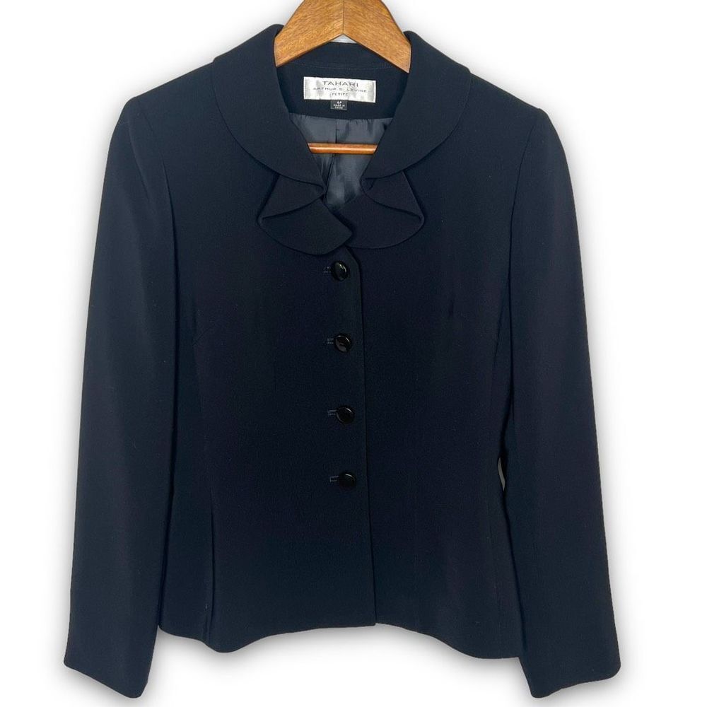 Tahari Arthur S Levine Women's Black Ruffle Collar Button Front Blazer Jacket 4P